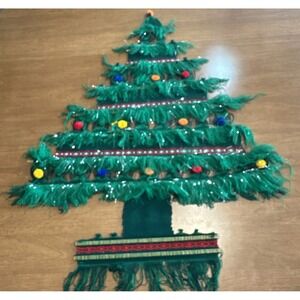 Macrame Christmas Tree Wall‎ Hanging 36" X 27" Woven Pom Poms Tinsel Boho Vtg